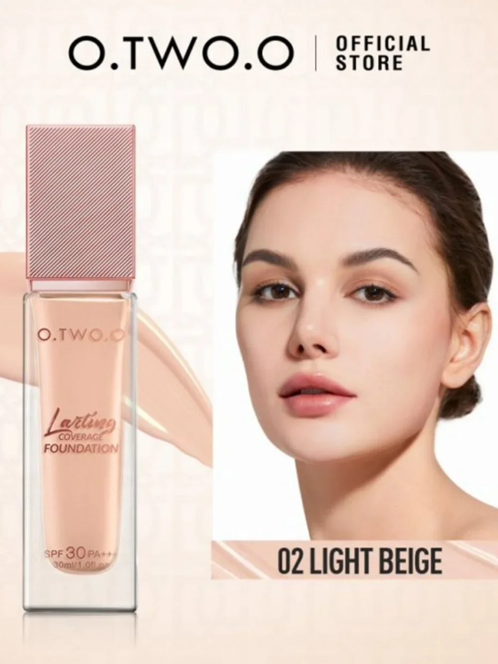 O.TWO.O Full Coverage Foundation, Oil-Control Waterproof Matte Vegan Light Beige